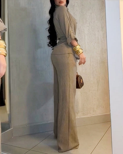 2 Pieces Outfit Vintage Turn-down Collar Roll Up Sleeve Button Front Flap Pocket Design Waist Drawstring Top and Elastic Waist Wide Leg Pants Set Casual Textured Commuting Set