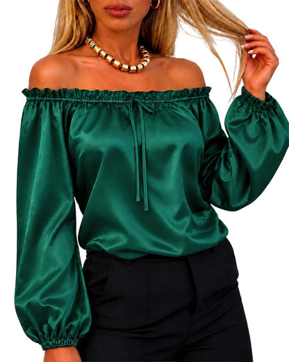 CHICMELIVE Off Shoulder Satin Tops Women Ruffle Tie Front Blouse