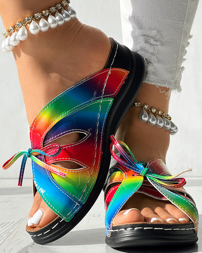Hollow Out Tied Detail Wedge Slippers