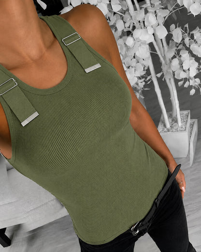 CHICMELIVE Women's Buckle Decor Ribbed Tank Tops Cami Shirts