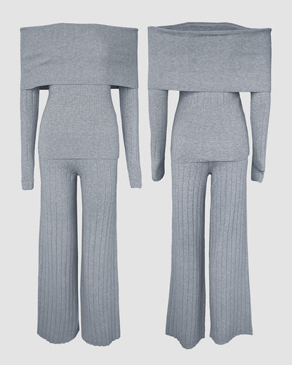 2 Pieces Outfit Button Decor Foldover Off Shoulder Slim Fit Top and Elastic Waist Wide Leg Pants Set Casual Ribbed Set