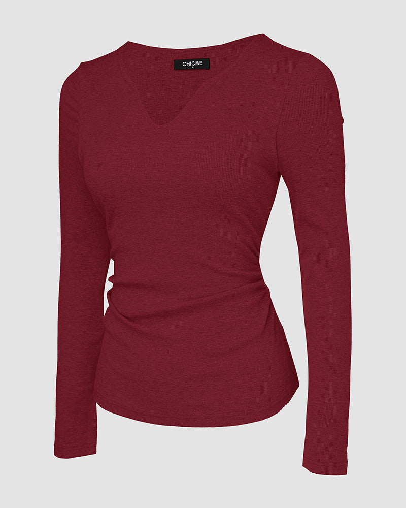 ChicMe Built-in Bra Notch Neck Long Sleeve Shirts Rib-Knit Ruched Waist Top