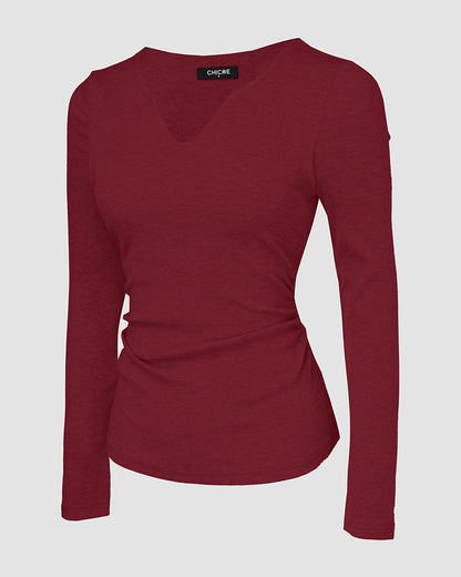 ChicMe Built-in Bra Notch Neck Long Sleeve Shirts Rib-Knit Ruched Waist Top