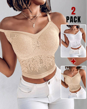 2-Pack Womens Lace V-Neck Adjustable Spaghetti Straps Bralette Camisoles Sexy Soft Crop Cami Top