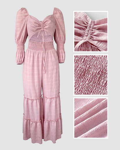 Sweetheart Neck Puff Sleeve Drawstring Front Shirred Overalls Casual Cutout Front Ruffle Hem Wide Leg Jumpsuit
