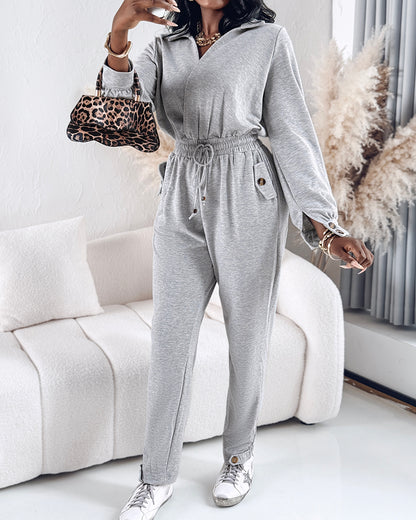 Turn-down Collar Overlap V-Neck Drawstring Stretchy Waist Jumpsuit Casual Flap Pockets Design Jumpsuit