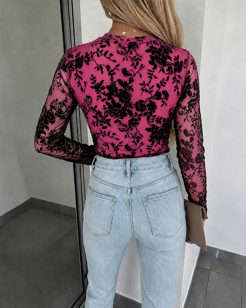 CHICME Women's Flocked Floral Sheer Mesh Long Sleeve Top with Lined