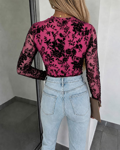 CHICME Women's Flocked Floral Sheer Mesh Long Sleeve Top with Lined