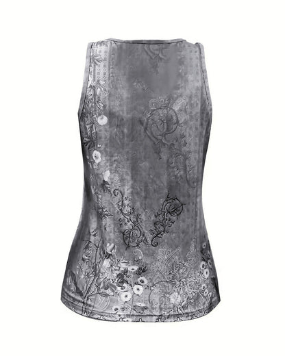 CHICME Women's Casual Floral Print Tank Top Sleeveless Notch Neck Vest with Rhinestone Accents