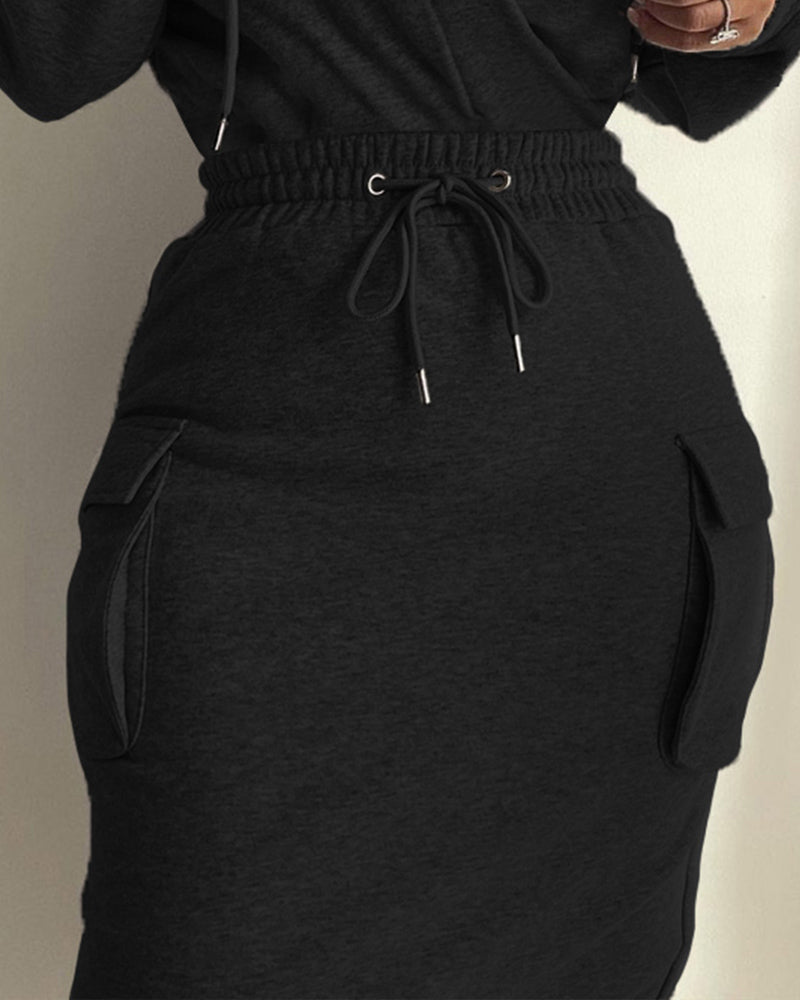 Overlap V-Neck Drop Shoulder Cinched Waist Drawstring Hoodie Dress Casual Flap Cargo Pockets Design Drawstring Elastic Waist Midi Dress