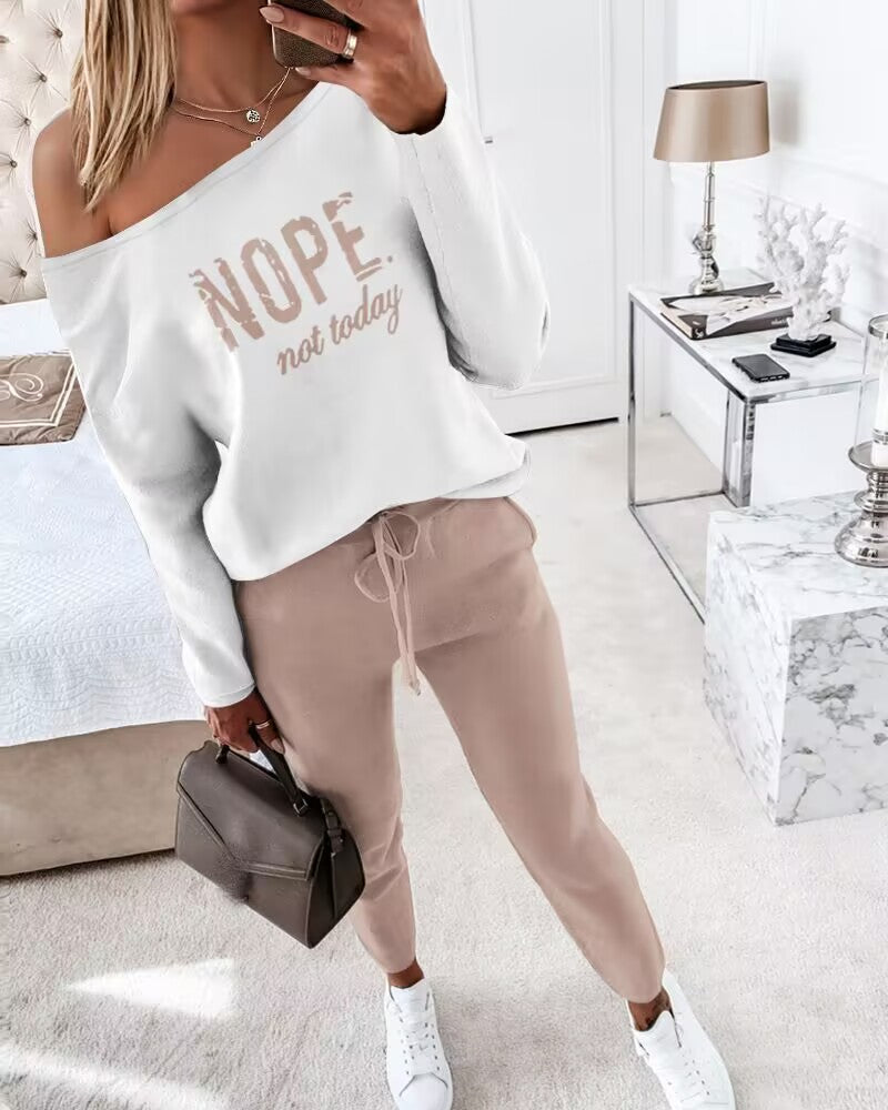 2 Pieces Outfit NOPE. not today Slogan Print Skew Neck Long Sleeve Pullover Top and Casual Drawstring Stretchy Waist Slim Fit Pants Set