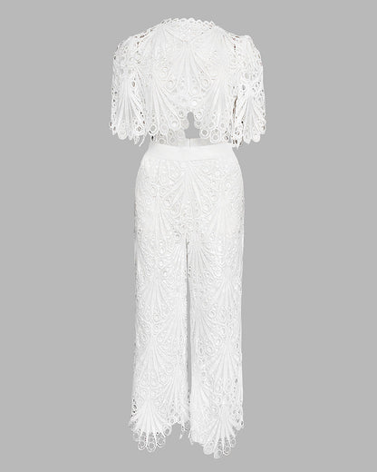 Women's 2-Piece Lace Matching Set Elegant Stand Collar Hollow Out Crop Top and High Waisted Straight Leg Pants Suit with Lining