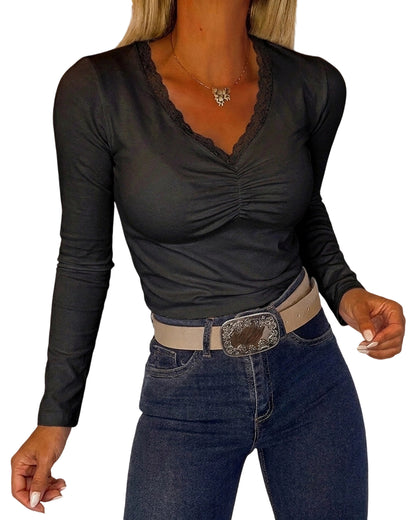 CHICMELIVE Women Lace Long Sleeve Top V Neck Fitted Shirts Fall Blouses