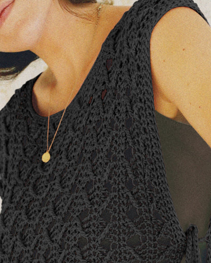 Round Neck Sleeveless Hollow-out Crochet Sweater Casual Tie Side Breathable Crop Top