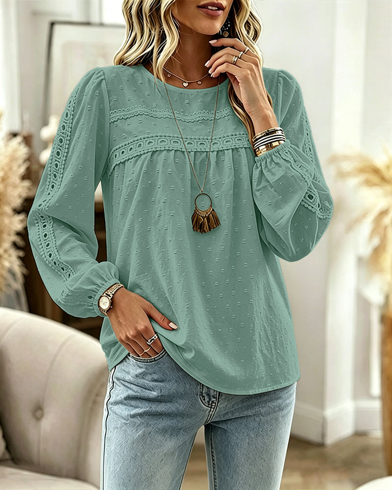 Women's Hollow-Out Lace Spliced Lantern Sleeve Top Elegant 3D Jacquard Chiffon Blouse for Work and Daily Wear