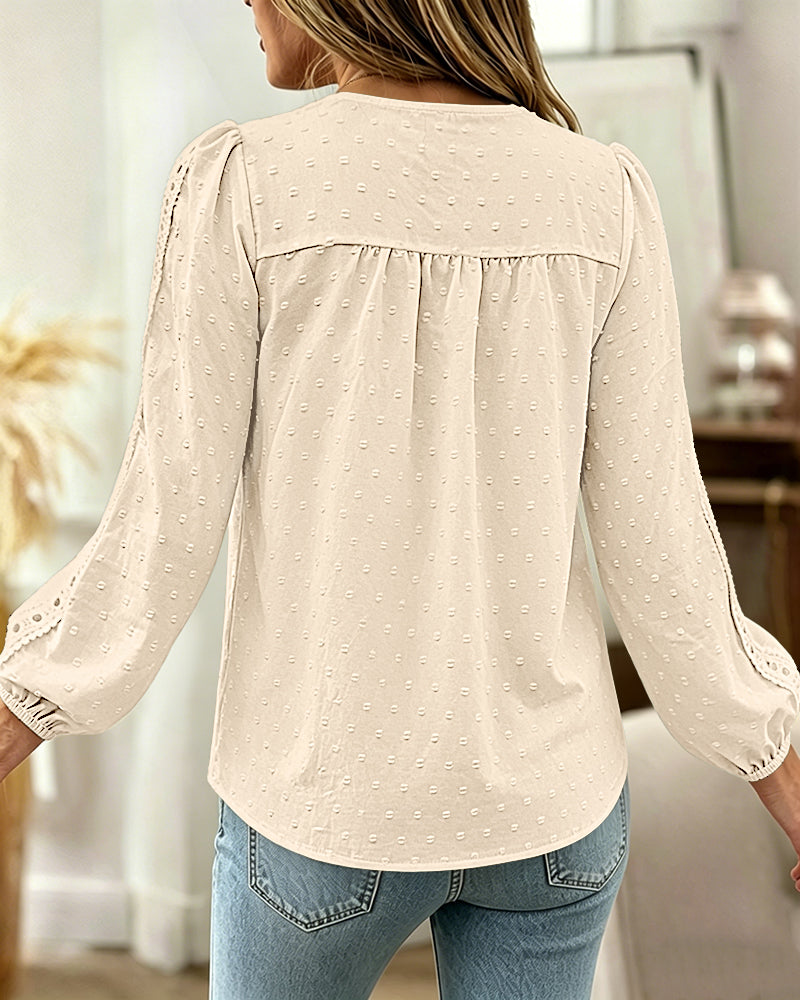 Women's Hollow-Out Lace Spliced Lantern Sleeve Top Elegant 3D Jacquard Chiffon Blouse for Work and Daily Wear