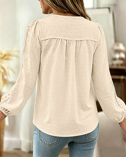 Women's Hollow-Out Lace Spliced Lantern Sleeve Top Elegant 3D Jacquard Chiffon Blouse for Work and Daily Wear
