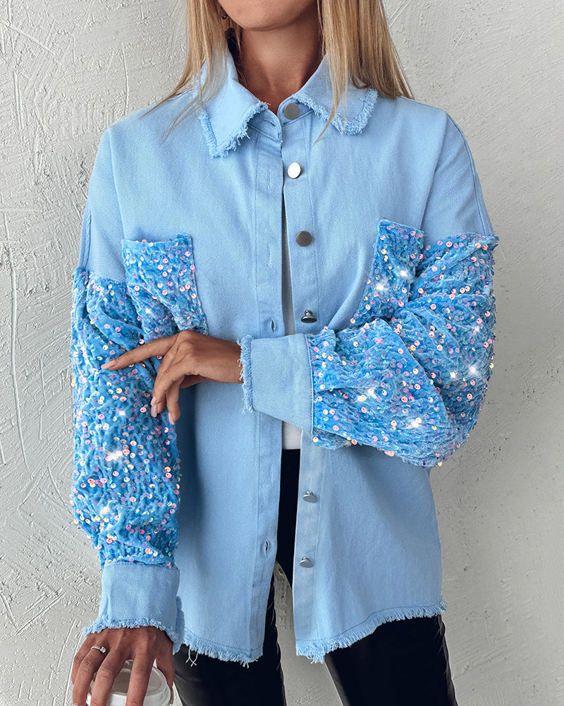 Casual Jacket Sequin Patchwork Long Sleeve Jacket Top Button Front Raw Hem Oversized Denim Shacket