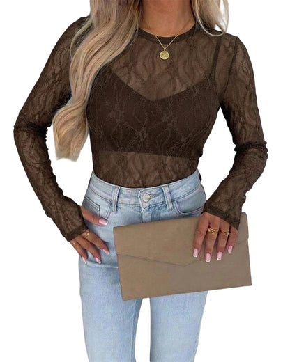 CHICMELIVE Lace Top Sheer Mesh Fitted Shirts for Women with Thumb Holes