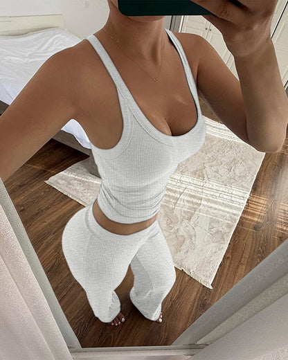 2 Pieces Outfit U-Neck Spaghetti Strap Cami Top and Elastic Waist Wide Leg Pants Set Casual Ribbed Set