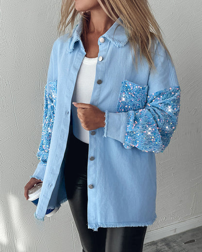 Casual Jacket Sequin Patchwork Long Sleeve Jacket Top Button Front Raw Hem Oversized Denim Shacket