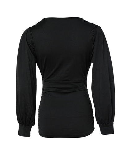 Deep V-Neck Lantern Sleeve Ruched Blouse Casual Slim Fit Top