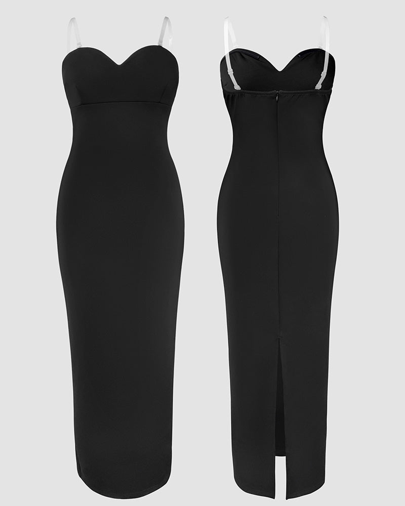 2 Pieces Outfit Detachable & Adjustable Spaghetti Straps Zipper Back Slit Slim Fit Maxi Dress and Rhinestone & Pearls Decor High Neck Zipper Back Sheer Mesh Poncho Cape