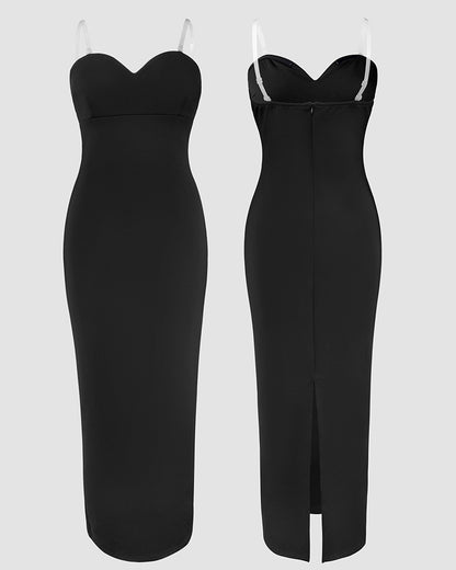 2 Pieces Outfit Detachable & Adjustable Spaghetti Straps Zipper Back Slit Slim Fit Maxi Dress and Rhinestone & Pearls Decor High Neck Zipper Back Sheer Mesh Poncho Cape
