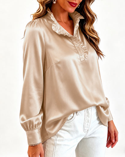 Women's Satin Frill Hem Blouse Long Sleeve Half Button Shirt Elegant Stand Collar Office Work Top