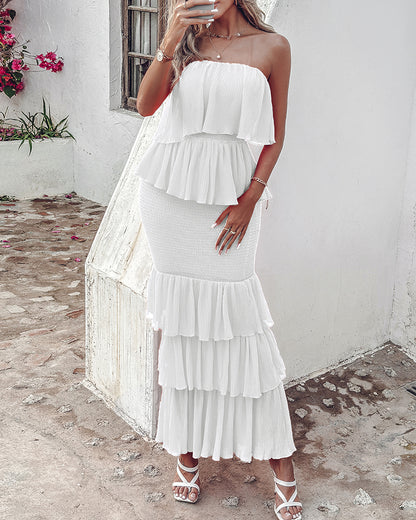 Layered Ruffle Shirred Slim Fit Strapless Dress Textured Maxi Party Dress