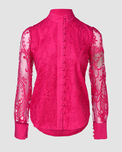 Women's Elegant Mesh Patchwork Shirt Floral Embroidery Stand Collar Pearl Button Long Sleeve Blouse