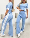 Women's Contrast Stripe 2 Piece Knit Outfits Short Sleeve Crewneck Top and Wide Leg Pants Set Casual Loungewear
