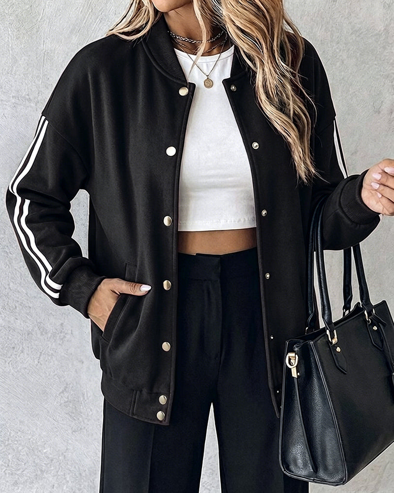 Women's Varsity Jacket Contrast Side Striped Loose Baseball Jacket Button Up Bomber Jacket