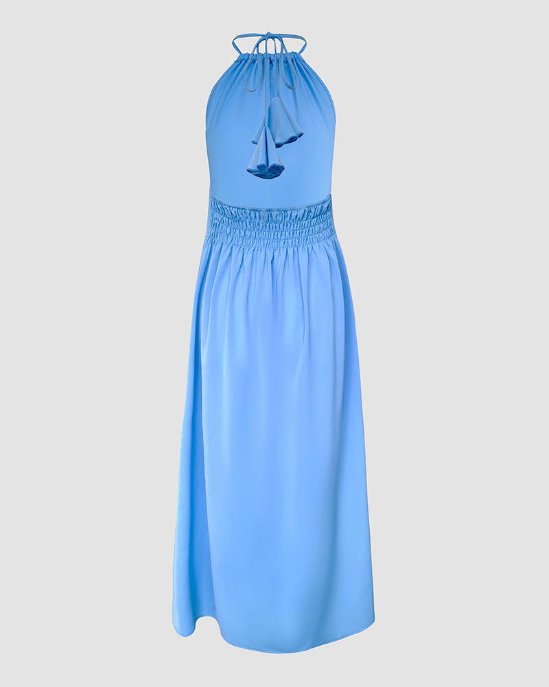 Halter Sleeveless Backless Maxi Dress Casual Shirred Back Side Slit Vacation Dress