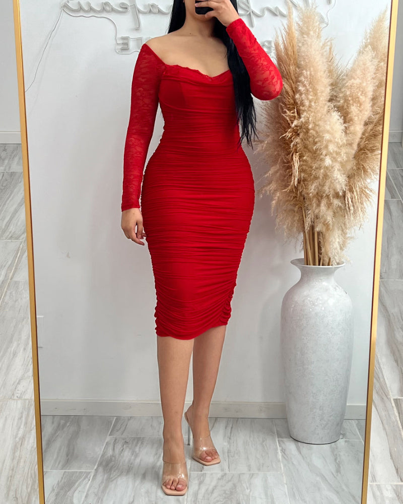 Lace Trim Square Neck Lace Long Sleeve Back Slit Bodycon Dress Zipper Back Backless Ruched Party Dress