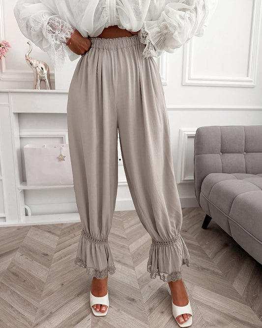 Women's Lace Patchwork Pants Elastic High Waist Hollow Out Ruffle Hem Lantern Trousers Casual Loose Lounge Pants