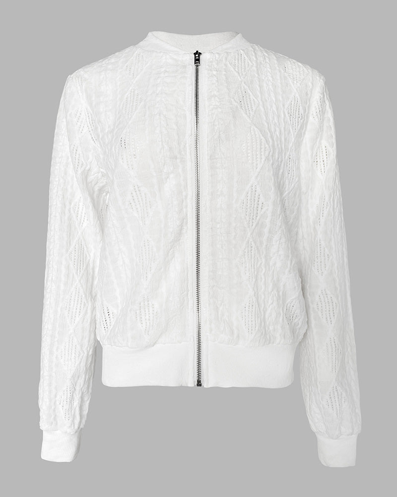 Jacquard & Diamond Pattern Design Hollow-out Lightweight Baseball Coat Casual Zip Up Bomber Jacket