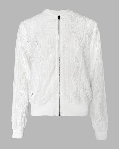 Jacquard & Diamond Pattern Design Hollow-out Lightweight Baseball Coat Casual Zip Up Bomber Jacket