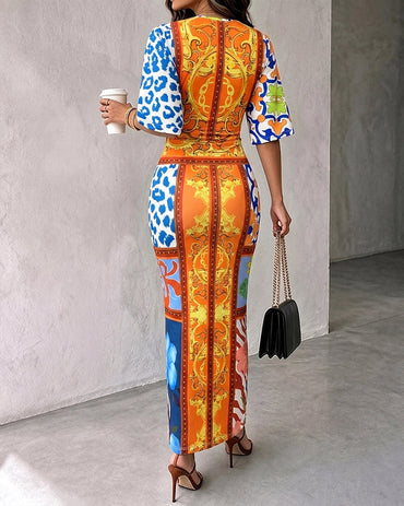 Women's Vintage Baroque Print Maxi Dress Sexy V Neck Ruched Drawstring Bodycon Dress High Slit Party Dress