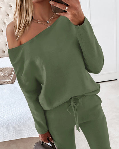 2 Pieces Outfit Long Sleeve Skew Neck Pullover Top and Drawstring Elastic Waist Slim Fit Pants Set
