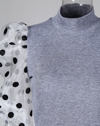 Dot Mesh Patch Mock Neck Puff Sleeve Blouse Casaul Pullover Knit Top