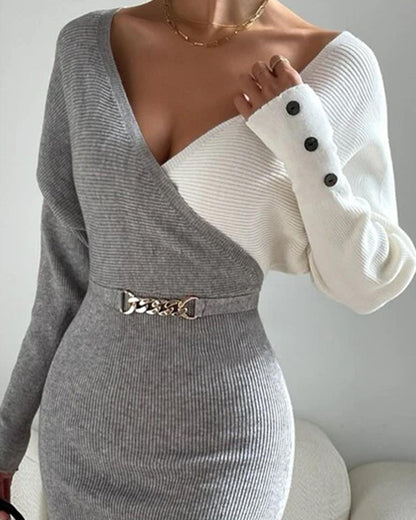 Chain & Button Decor Colorblock V-Neck Long Sleeve Knit Sweater Dress Slim Fit Midi Dress