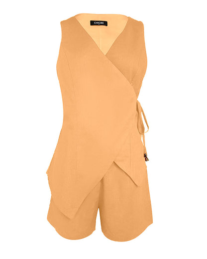 2 Pieces Outfit Plain Wrap V Neck Criss Cross Tied Detail Linen Top and Casual Pockets Patch Shorts Set