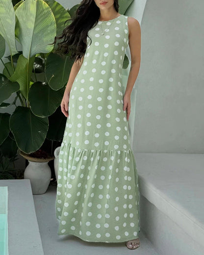 Women's Polka Dot Maxi Dress Casual Sleeveless Lace up Back Vacation Dress Elegant Ruffle Hem Loose A Line Long Sundress