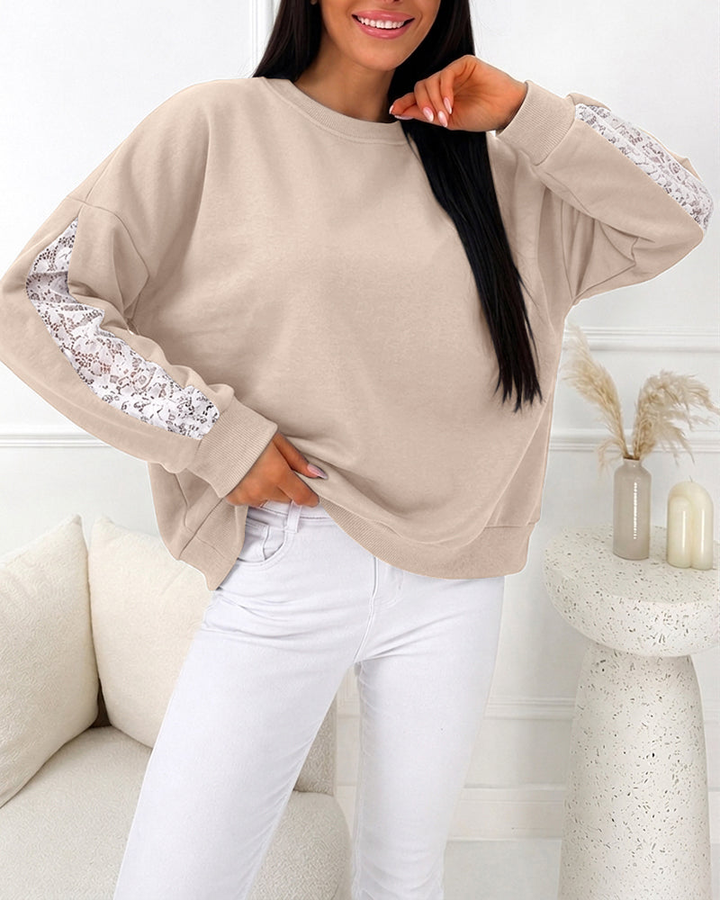CHICMELIVE Oversized Sweatshirt for Women Lace Sleeve Cutout Fall Pullover