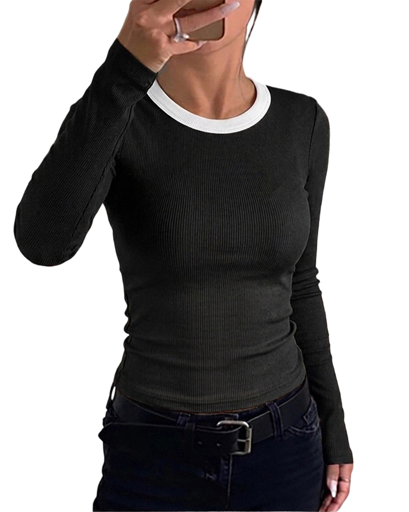 CHICMELIVE Women's Ribbed Long Sleeve Shirts Contrast Crewneck Fitted Basic Tee