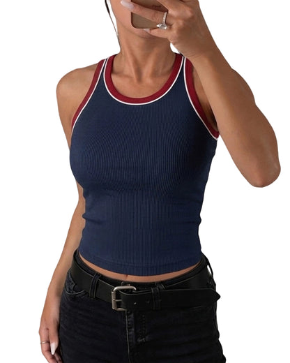 CHICMELIVE Womens Tank Tops Contrast Trim High Neck Ribbed Racerback Shirt