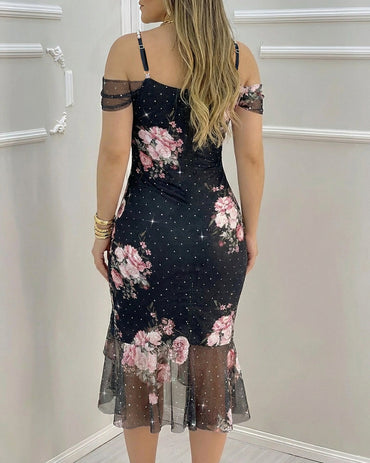 Women's Floral Mesh Slit Dress Rhinestone Pearls Decor Straps Cold Shoulder Ruffle Hem Dress Sexy Bodycon Party Dress