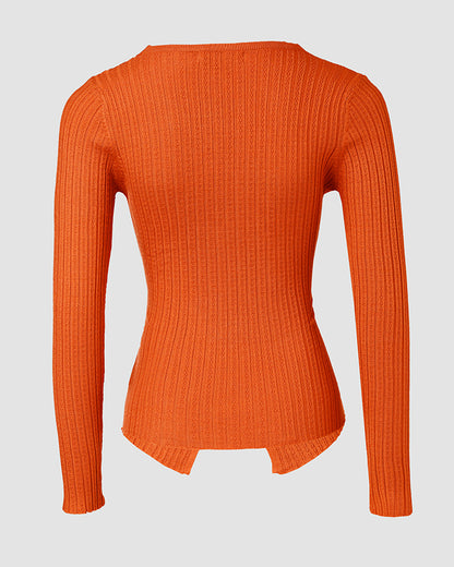 Rhinestone Decor Overlap V-Neck Long Sleeve Knit Sweater Asymmetrical Hem Slim Fit Textured Pullover Top
