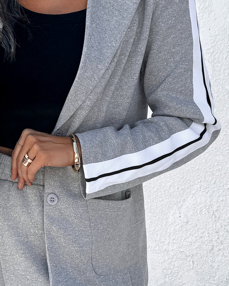 2 Pieces Outfit Notched Collar Single Breasted Pockets Design Coat and Elastic Waist Seam Front Wide Leg Pants Set Casual Contrast Side Striped Blazer Set